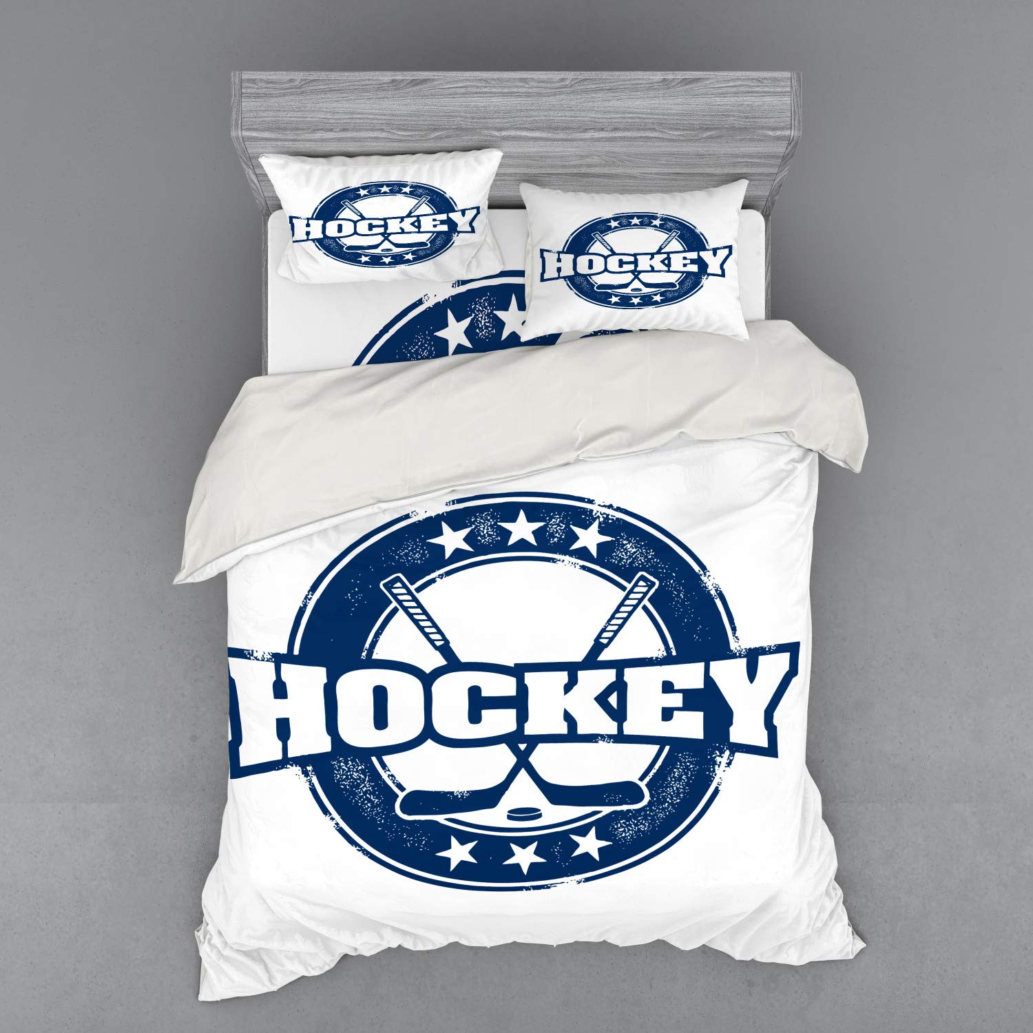 Ambesonne Vintage Hockey Duvet Cover Set - 4 Piece Queen Size Bedding with Shams & Fitted Sheet - Weathered Stamp Design with Sticks & Stars in Circle - Navy Blue & White - Perfect for Hockey Fans' Bedroom Decor & Sports Themed Rooms