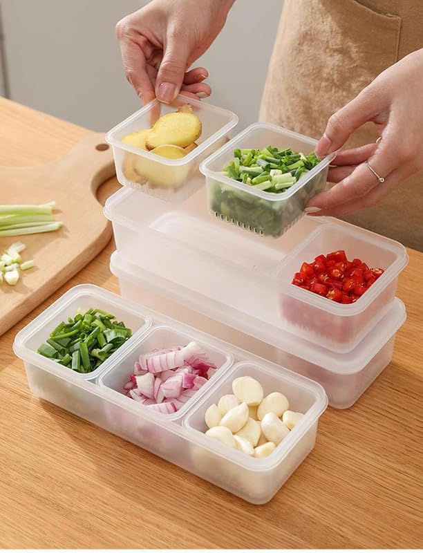 MosQuick® 3-Grid BPA-Free Food Storage Containers for Refrigerator - Airtight Kitchen Organizer for Vegetables, Fruits, Herbs & Garlic | Stackable Fridge Storage Bins | Perfect for Meal Prep, Leftovers & Grocery Organization