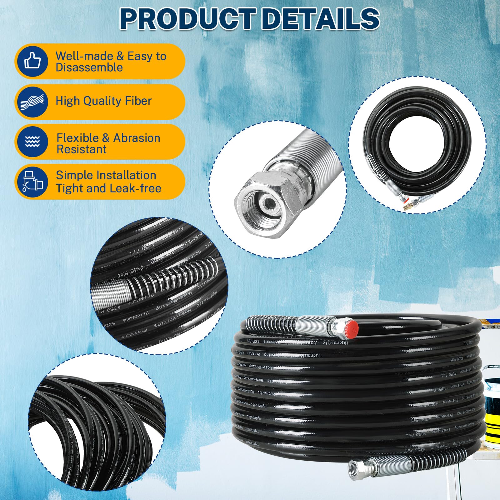 50ft Airless Paint Spray Hose - 1/4 Inch Black High Pressure 3600psi Flexible Fiber Tube for Paint Sprayers - Ideal for Professional Painting, Home Renovation, and DIY Projects (50FT, Black)