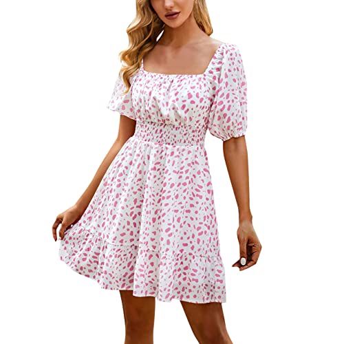 2023 Women's Summer Boho Floral Print Square Neck A-Line Mini Dress - Short Sleeve Beach Party Dress (Pink, Medium) | Perfect for Beach Vacations, Summer Parties & Casual Outings