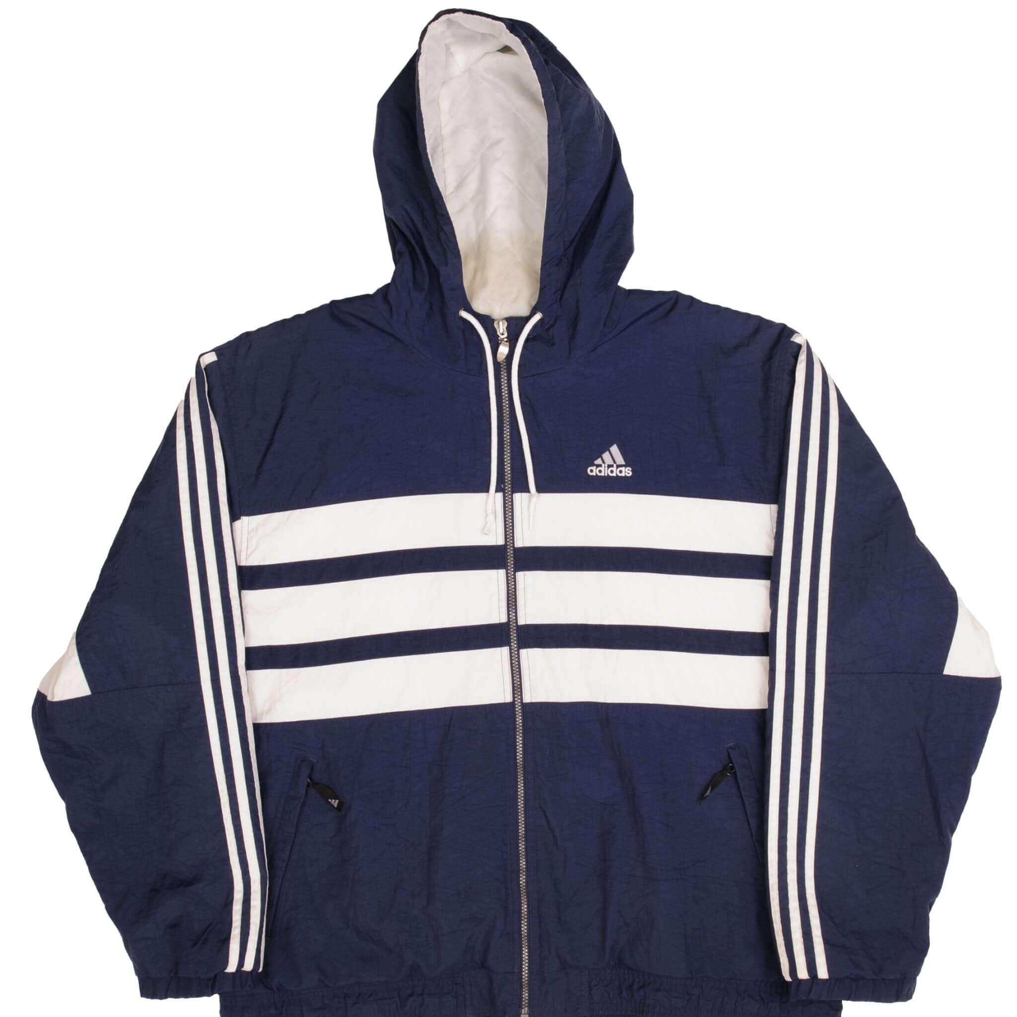 Vintage Adidas Navy Blue Nylon Windbreaker Hooded Jacket 1990s - Size Large - Retro Sportswear for Running, Hiking & Outdoor Activities