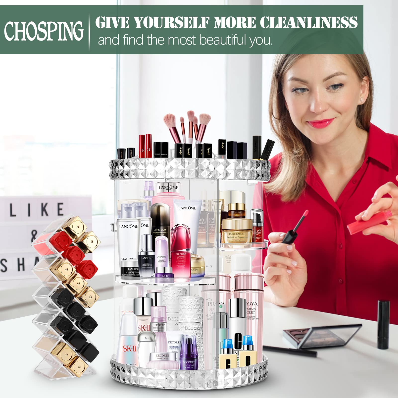 360 Degree Rotating Makeup Organizer - Clear Acrylic Cosmetic Display Case with 16 Slots | Spinning Vanity Storage Box for Lipstick, Perfume & Beauty Products | Perfect for Bedroom, Bathroom & Dressing Table Organization