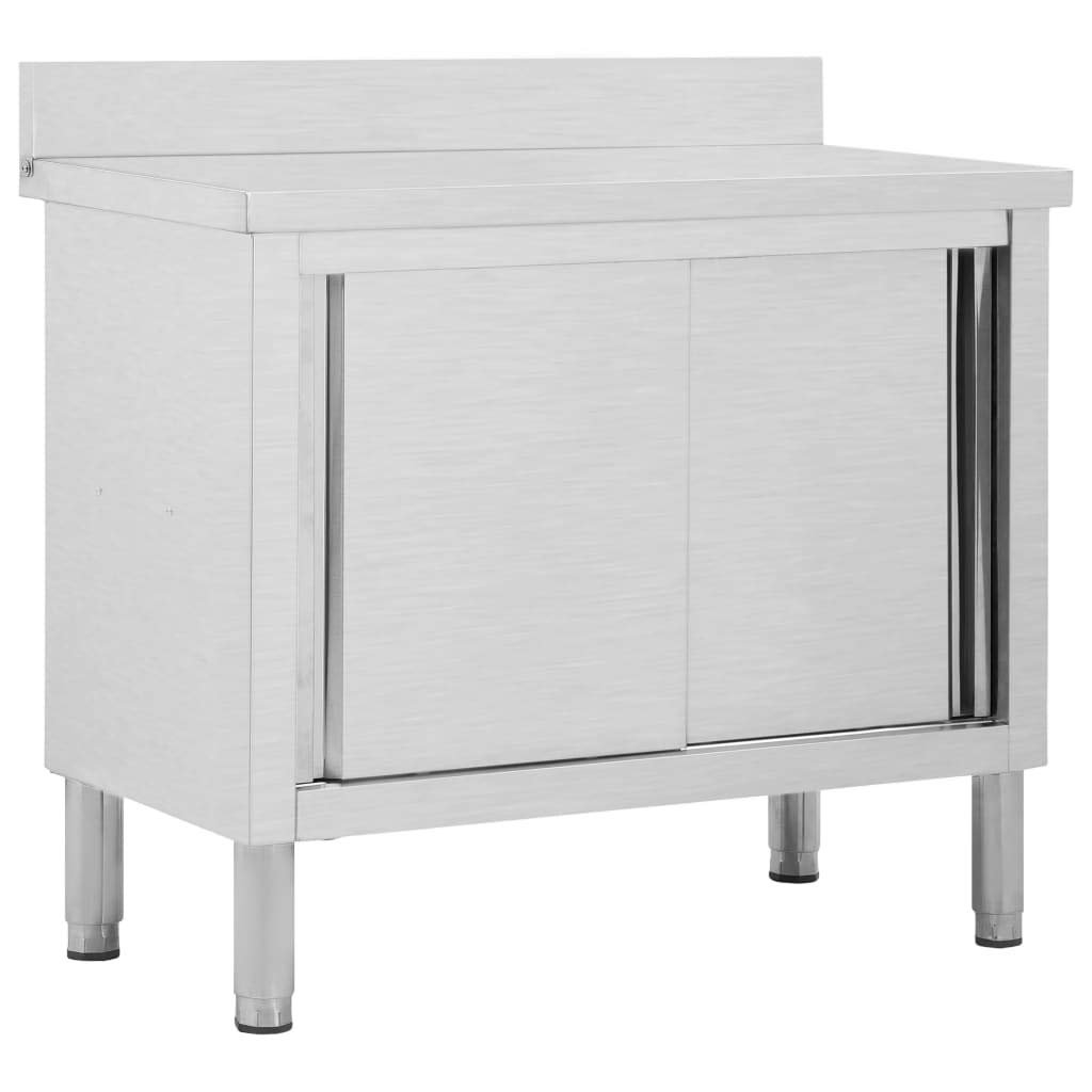 Premium Stainless Steel Kitchen Work Table with Backsplash & Sliding Doors - Commercial Restaurant Grade, Ideal for Home, Hotel & Food Service Use - Perfect for Food Prep, Cooking & Storage