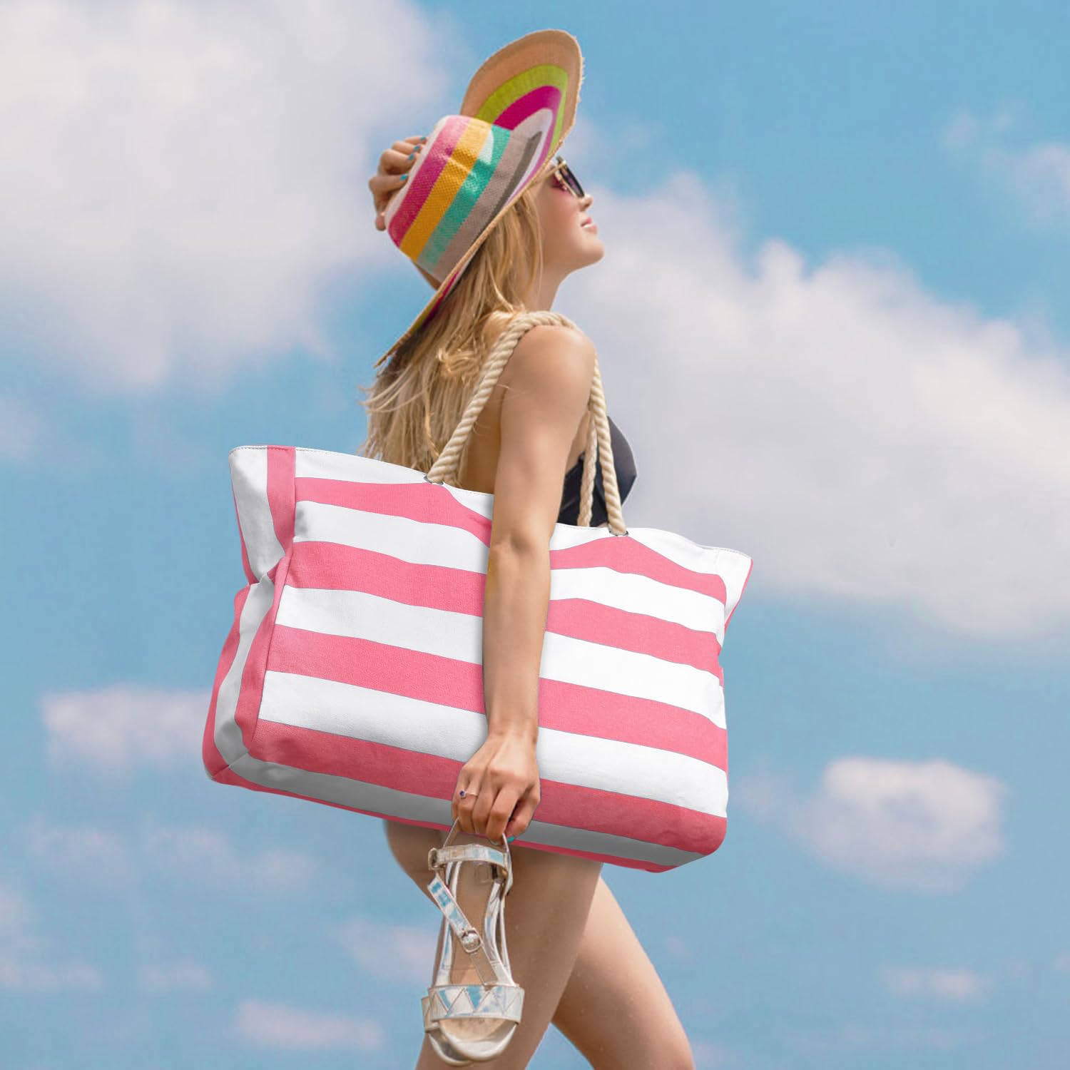 Becokan Large Waterproof Beach Tote Bag for Women - Sandproof Swim Pool Bag with Zipper - Perfect for Beach Vacations, Pool Parties & Summer Travel