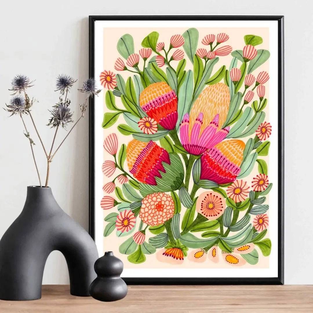 Protea & Gum Blossoms Botanical Art Print - Premium Floral Wall Decor for Living Room, Bedroom & Office | Nature-Inspired Home Decor Gift