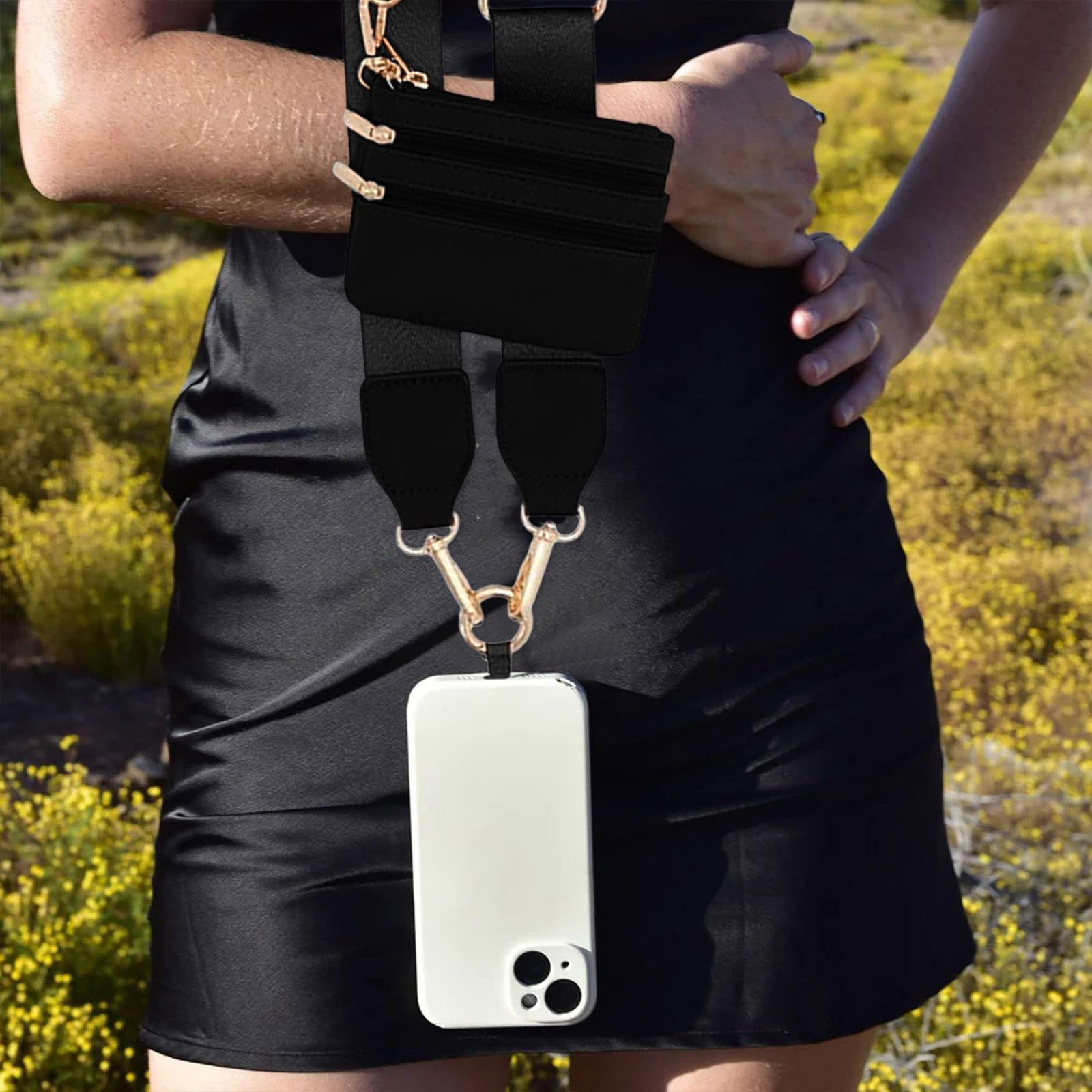 Black Phone Strap with Zippered Pouch & Clip - Adjustable Crossbody Strap for Phone & Wallet (iPhone/Samsung) - Hands-Free Convenience for Travel, Shopping & Daily Commute