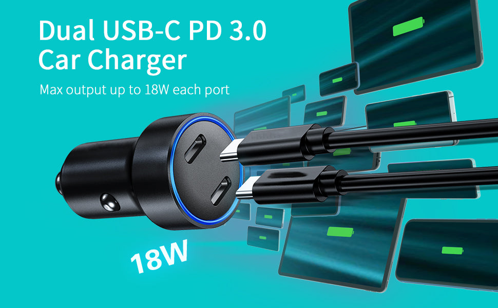 Choetech 36W Dual USB-C Fast Car Charger Adapter - Quick Charge for iPhone 15/14/13, Samsung Galaxy, iPad - Perfect for Road Trips & Commuting
