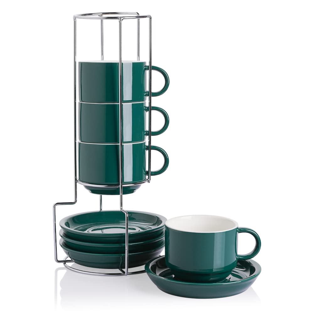 Premium 8oz Stackable Porcelain Cappuccino Cups with Saucers & Metal Stand - Set of 4 Jade Green Espresso Cups for Latte, Americano & Specialty Coffee Drinks - Perfect for Home Cafes, Coffee Shops & Gift Giving