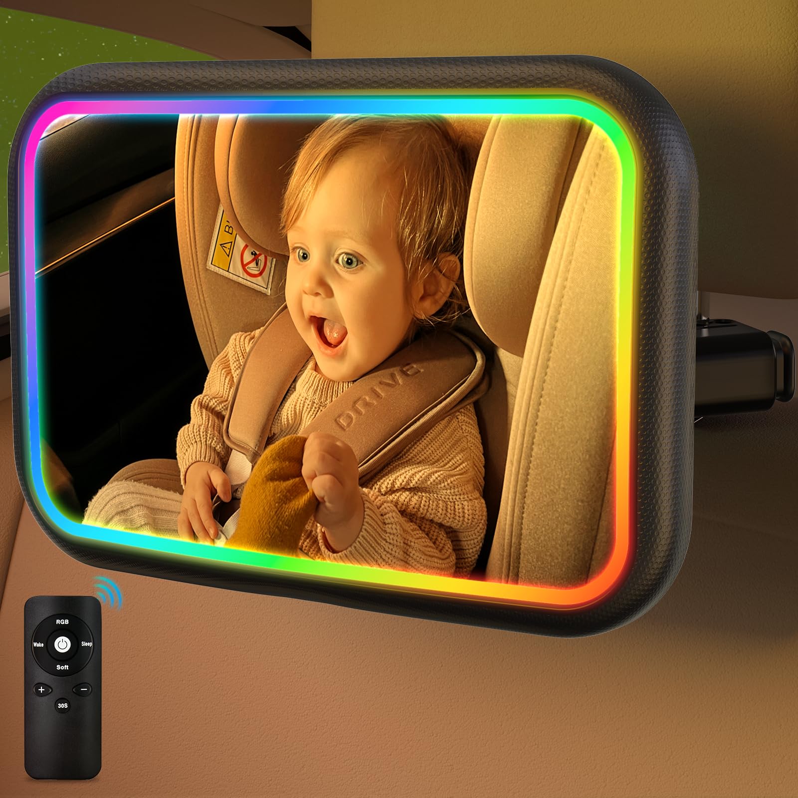 Baby Car Mirror with Light - 7 RGB Colors, Remote Control, Rechargeable & 360° Rotation for Rear Facing Car Seats | Wide View Shatterproof Mirror with Hook Clip Design | Perfect for Nighttime Travel & Checking Baby Safely