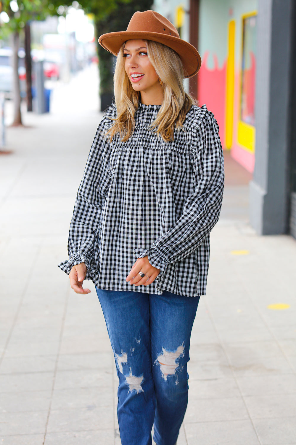 Stylish Black Gingham Shirred Yoke Mock Neck Frilled Top for Women | Vintage-Inspired Blouse for Casual Outfits & Date Nights