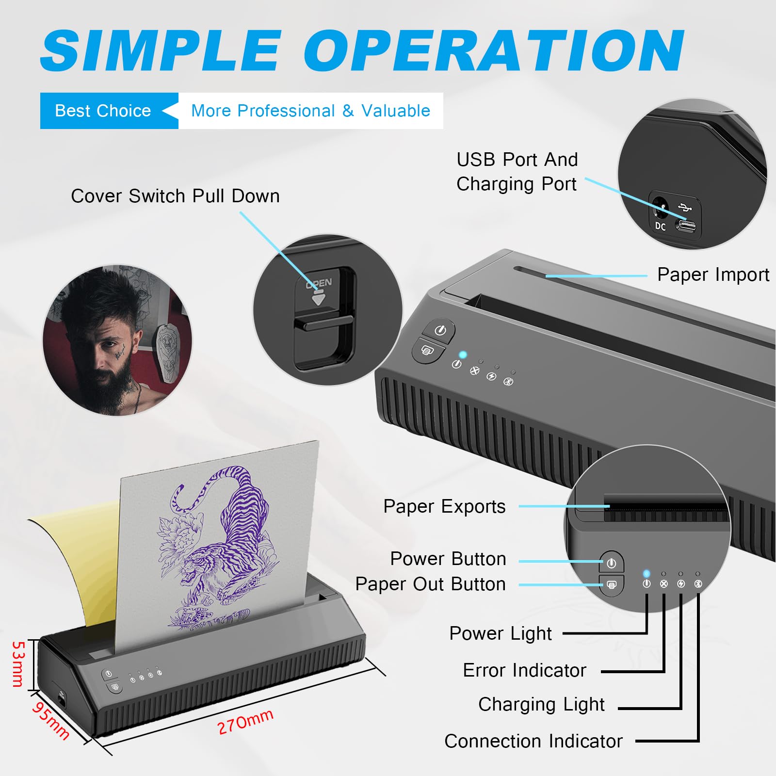 Emalla Bluetooth Thermal Tattoo Stencil Printer - Portable Wireless Tattoo Machine Printer for Artists & Beginners | Compatible with Android, iOS, Windows | Perfect for Tattoo Studio, Home Practice & Professional Use