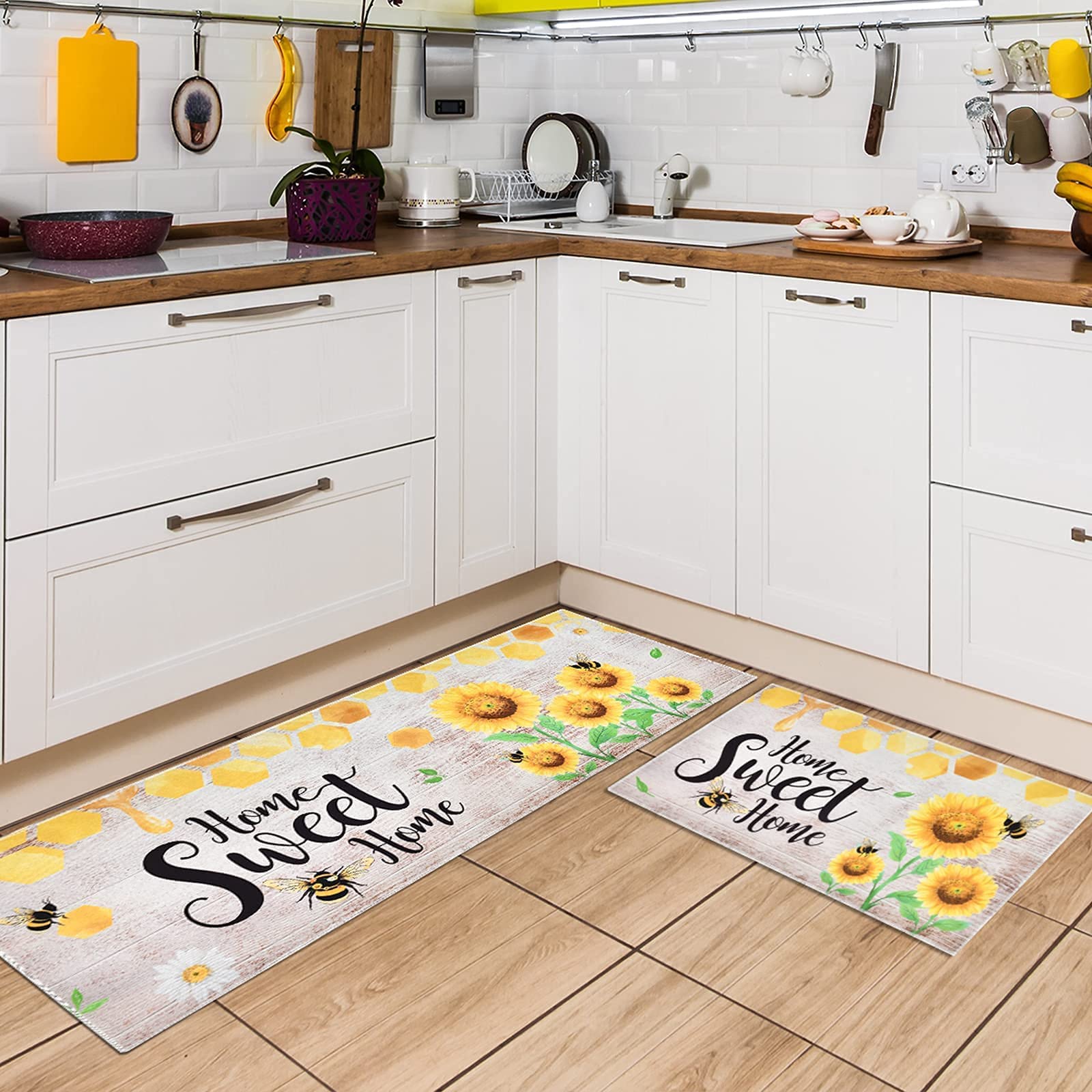WERNNSAI Sunflower Kitchen Rugs Set - 2 Piece Non-Slip Washable Waterproof Floor Mats for Indoor/Outdoor Use - Perfect for Kitchen, Entryway, and Standing Comfort (Sunflower A)
