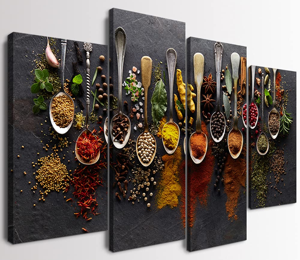 YouHONG 4-Piece Framed Kitchen Wall Art - Colorful Spices in Spoon Print, Ready to Hang Dining Room Decor (40''W x 24''H) - Perfect for Farmhouse, Modern & Rustic Kitchen Decorations