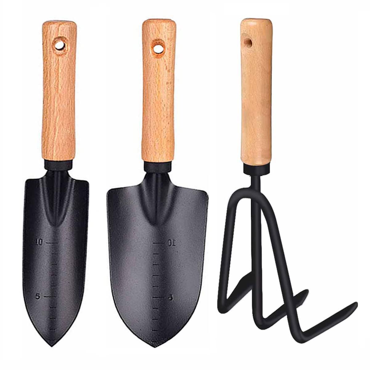 3pc Garden Tool Set - Rake & Trowel with Wood Handle for Outdoor Planting