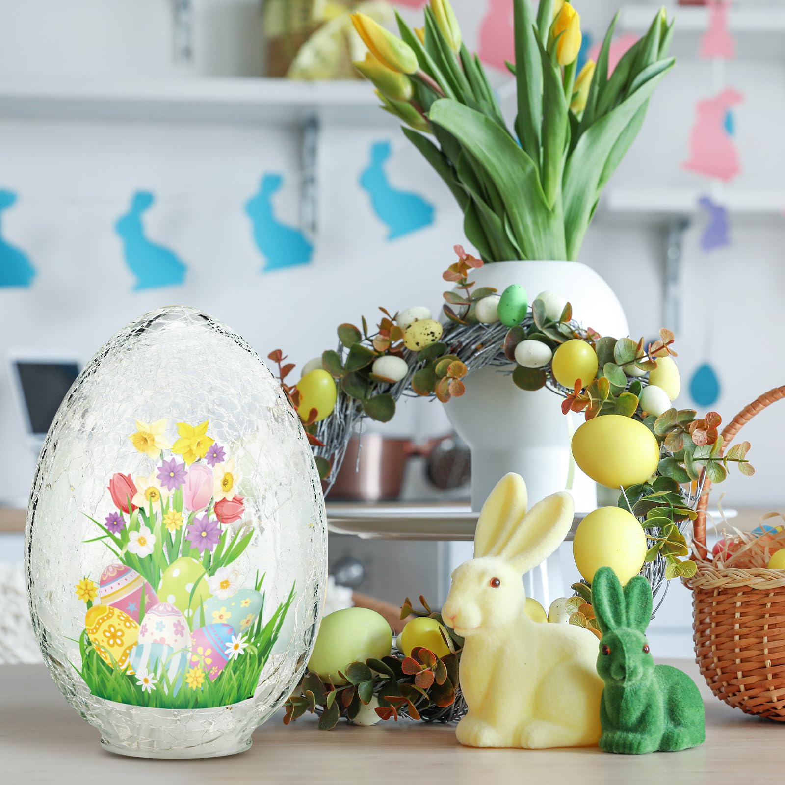 5.75 x 5.25 x 8.25 Inch Crackle Glass Easter Egg Light - Battery Operated Glowing Orb Decor for Home, Party, and Holiday Decorations - Perfect for Easter, Christmas, and Festive Tabletop Display