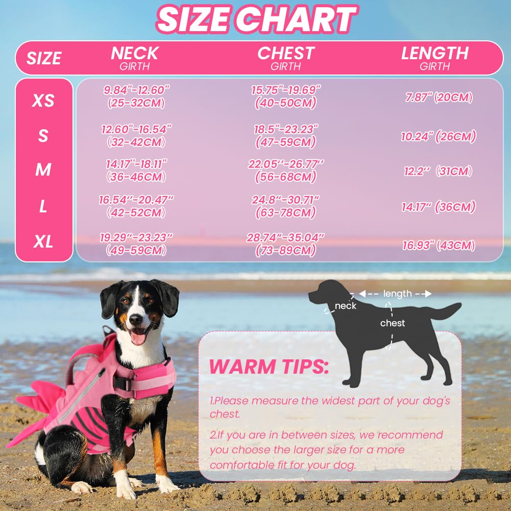 EMUST Dog Life Jacket - Shark Design Floating Vest with Pockets for Small Dogs, Swimming & Boating Safety Gear, Pink Size S - Perfect for Pool, Beach & Water Adventures