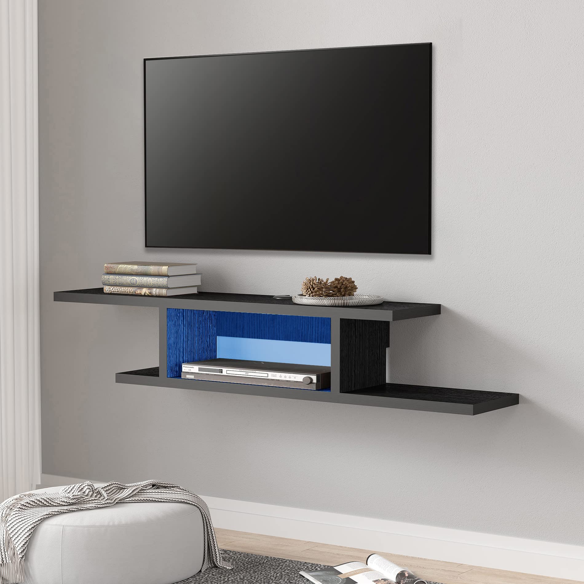 FITUEYES 50 Inch Floating TV Stand with Blue LED Lights - Wall Mounted Under TV Shelf, Modern Entertainment Center & Media Console for Living Room & Bedroom - Black Grain - Perfect for Small Spaces & Home Theater Setup