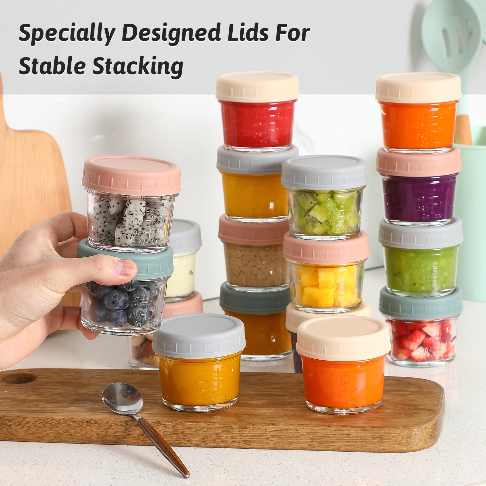 VITEVER 16 Pack 4oz Glass Baby Food Storage Containers with Lids - BPA Free, Reusable, Microwave & Dishwasher Safe - Perfect for Homemade Baby Puree, Meal Prep & Freezer Storage - Ideal for Infants, Toddlers & On-the-Go Parents