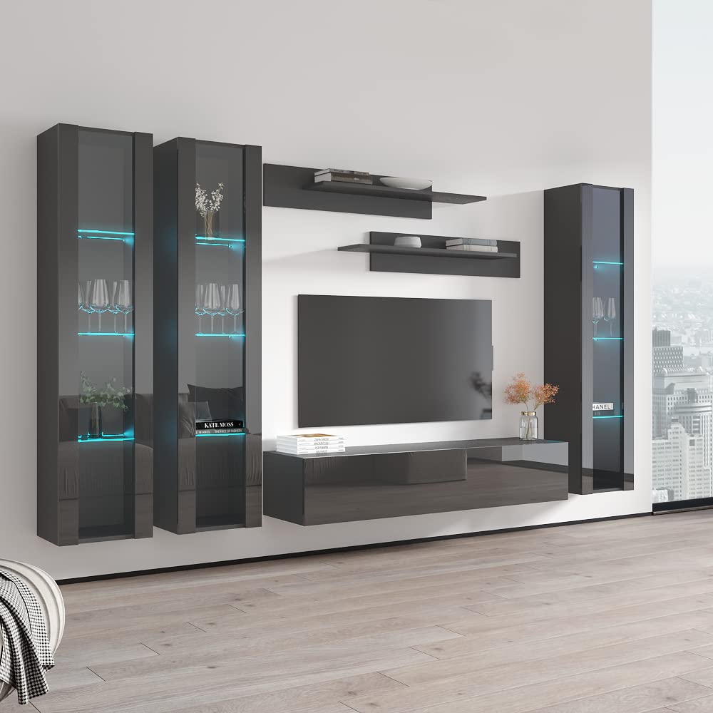 Modern Wall-Mounted TV Stand with Storage Shelves & LED Lights - Fly C 30 Entertainment Center Console for Bedroom & Living Room - Space-Saving Gray TV Cabinet for Flat Screens up to 30