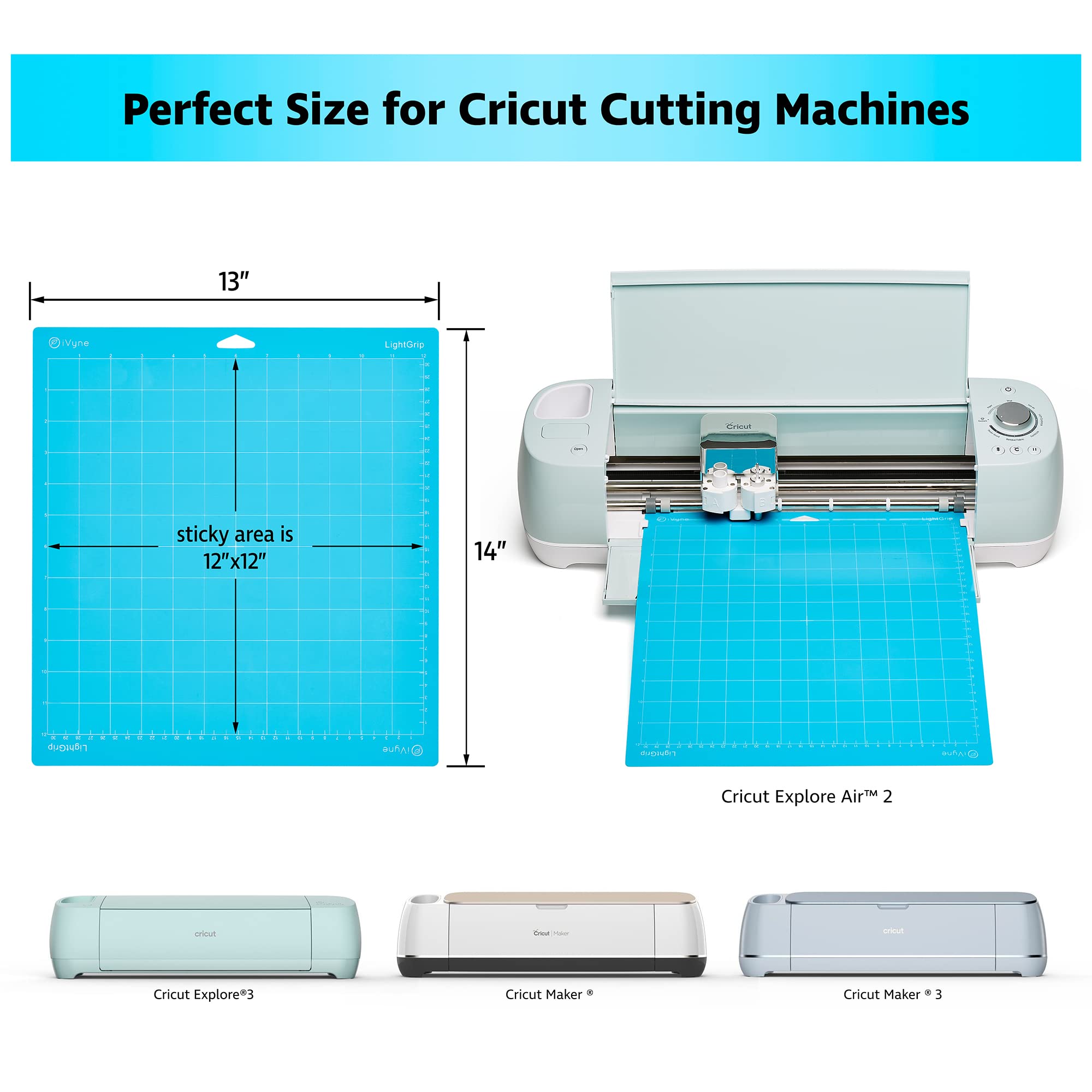 iVyne 3-Pack Light Grip Cutting Mat 12x12 Inch for Cricut Explore Air 2/Maker/Air/Maker 3 - Blue Self-Healing Craft Mat for Vinyl, Paper, Cardstock - Perfect for DIY Scrapbooking, Card Making & Craft Projects