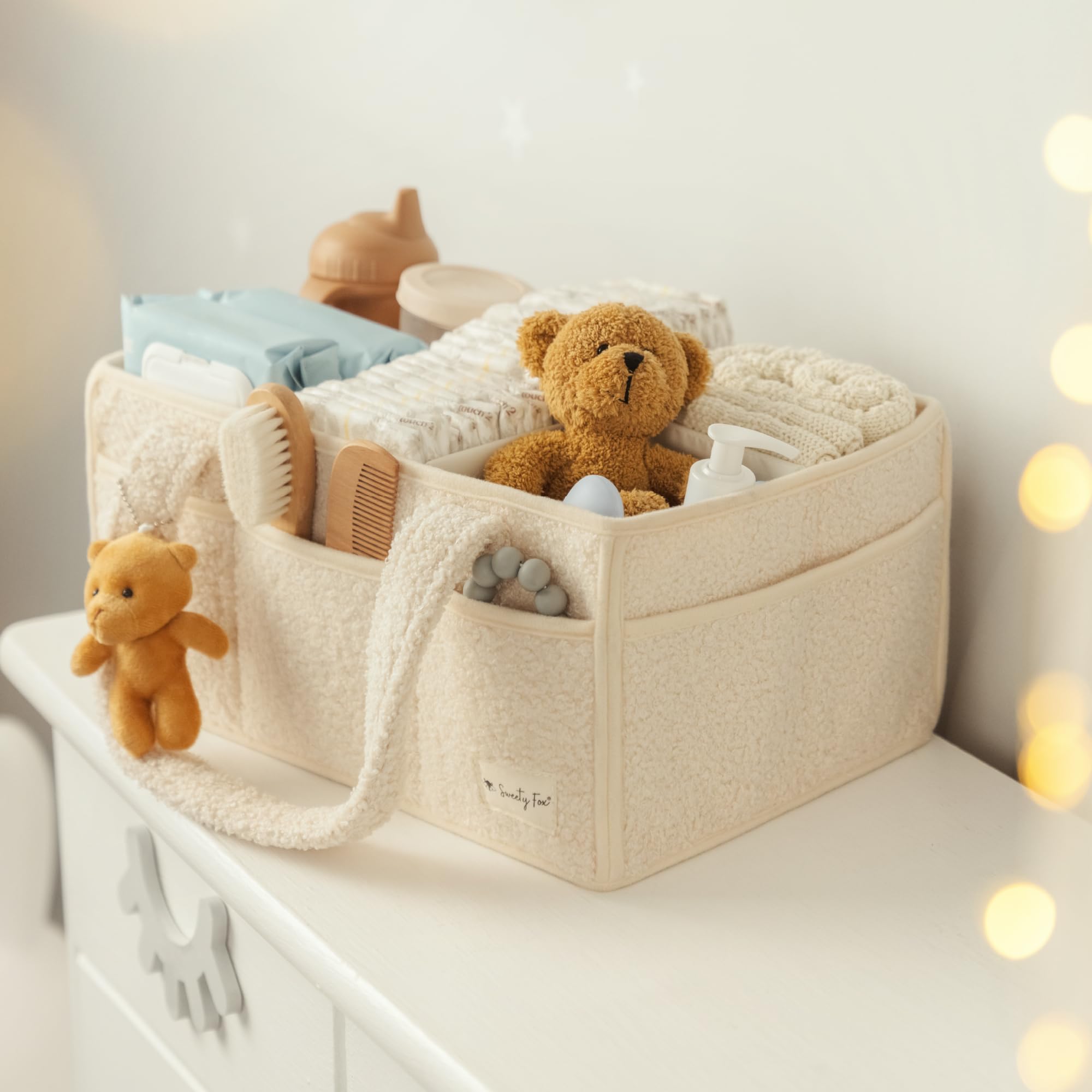 Sweety Fox Baby Diaper Caddy Organizer with Handle - Portable Sherpa Nursery Basket for Diapers & Baby Essentials - Car Diaper Organizer & Cleaning Caddy - Perfect Baby Shower Gift (Ivory) - Ideal for Nursery, Travel & On-the-Go Parents