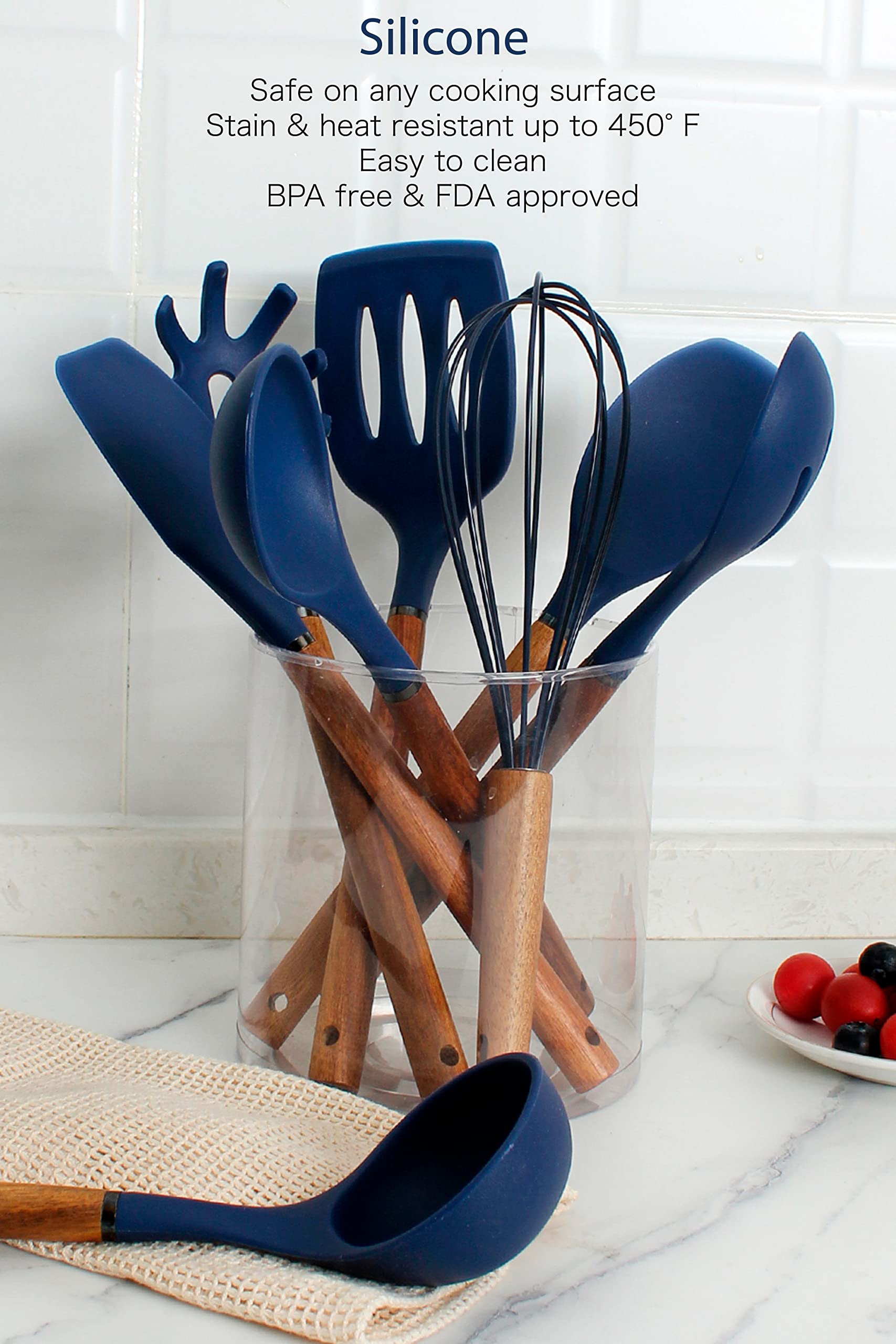 Non-Stick Silicone Cooking Utensil Set with Wooden Handles - 8-Piece Kitchen Tool Collection for Baking, Frying & Stirring (Navy Blue) - Perfect for Home Chefs & Holiday Cooking Gifts