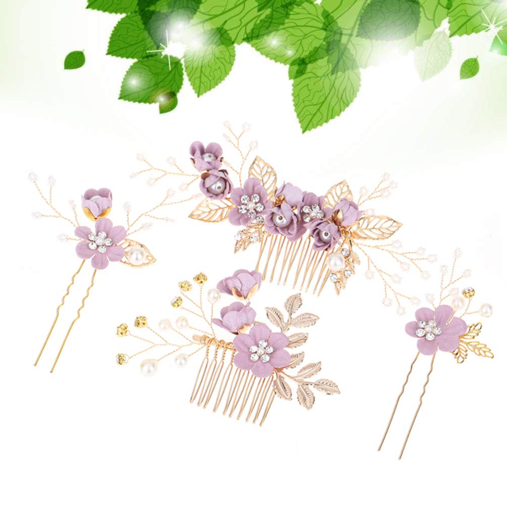 NUOBESTY 4Pcs Rhinestone Crystal Floral Wedding Hair Comb Set - Bridal Hair Clips & Pins for Bride, Prom, Party Accessories (Purple) | Perfect for Weddings, Bridal Showers, Formal Events & Special Occasions