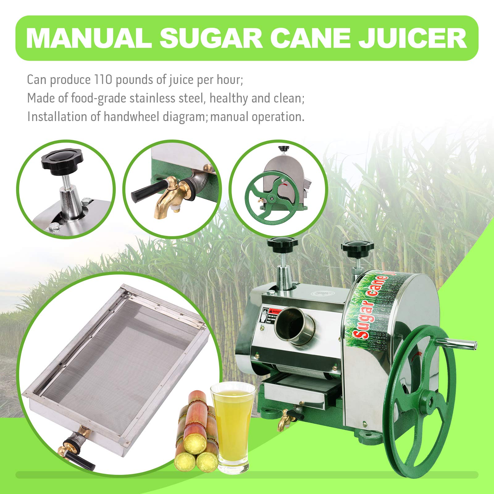 Professional Stainless Steel Manual Sugarcane Juice Machine - 110LBS/Hour Output, 2