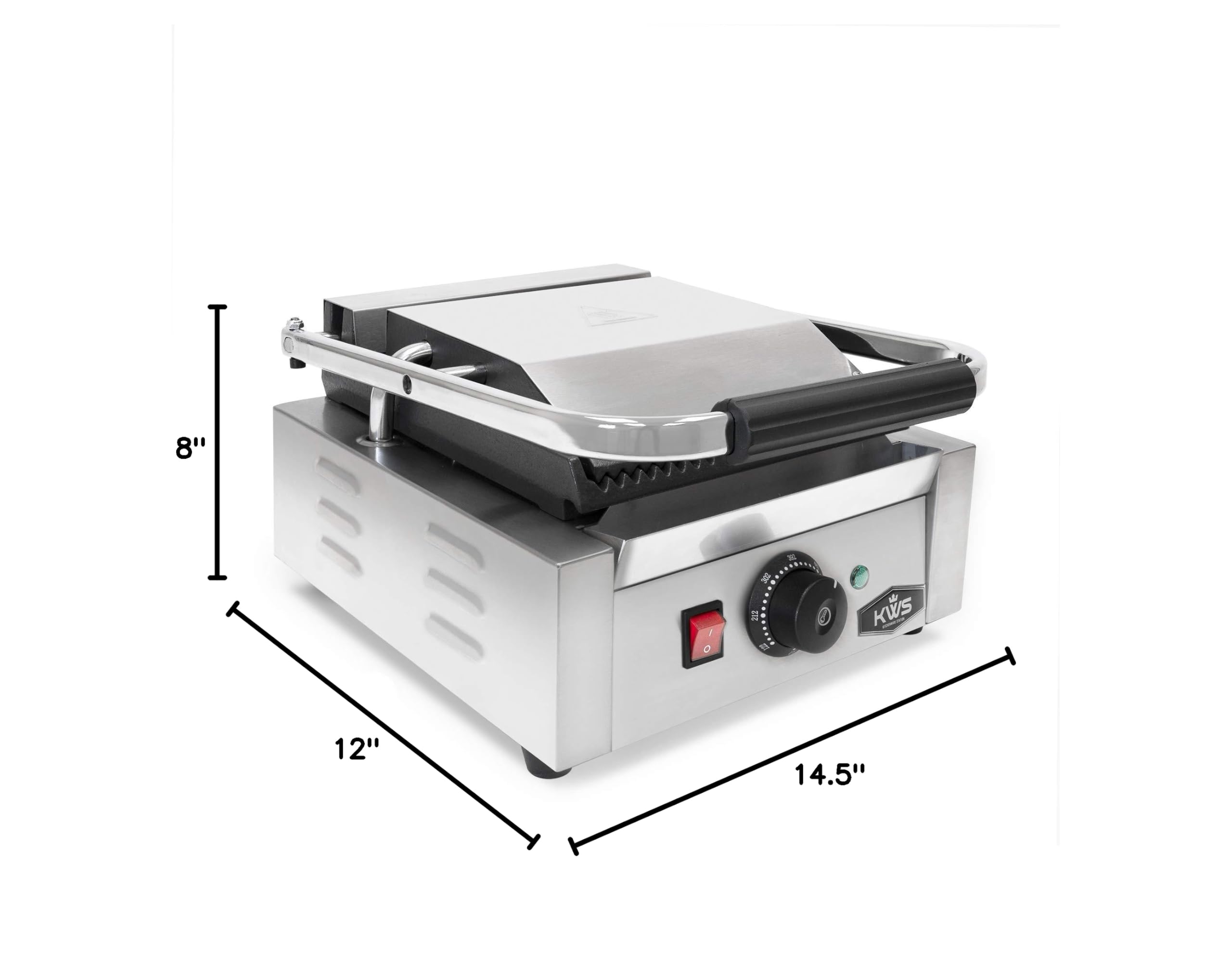 KWS PM-16 Premium 110V Commercial 1600W Electric Panini Press Grill with Non-Stick Grooved Plates - 9.25