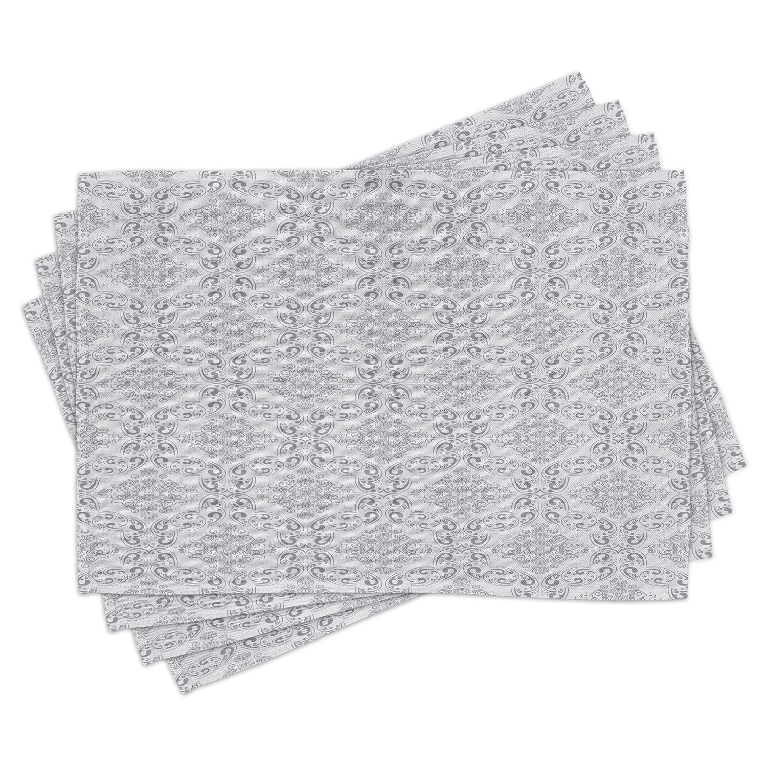 Ambesonne Grey Placemats Set of 4 - Victorian Antique Tile Design with Royal Scroll Motifs, Washable Fabric Dining Table Mats, Standard Size (Pale Grey) - Perfect for Formal Dinners, Holiday Gatherings & Elegant Home Decor