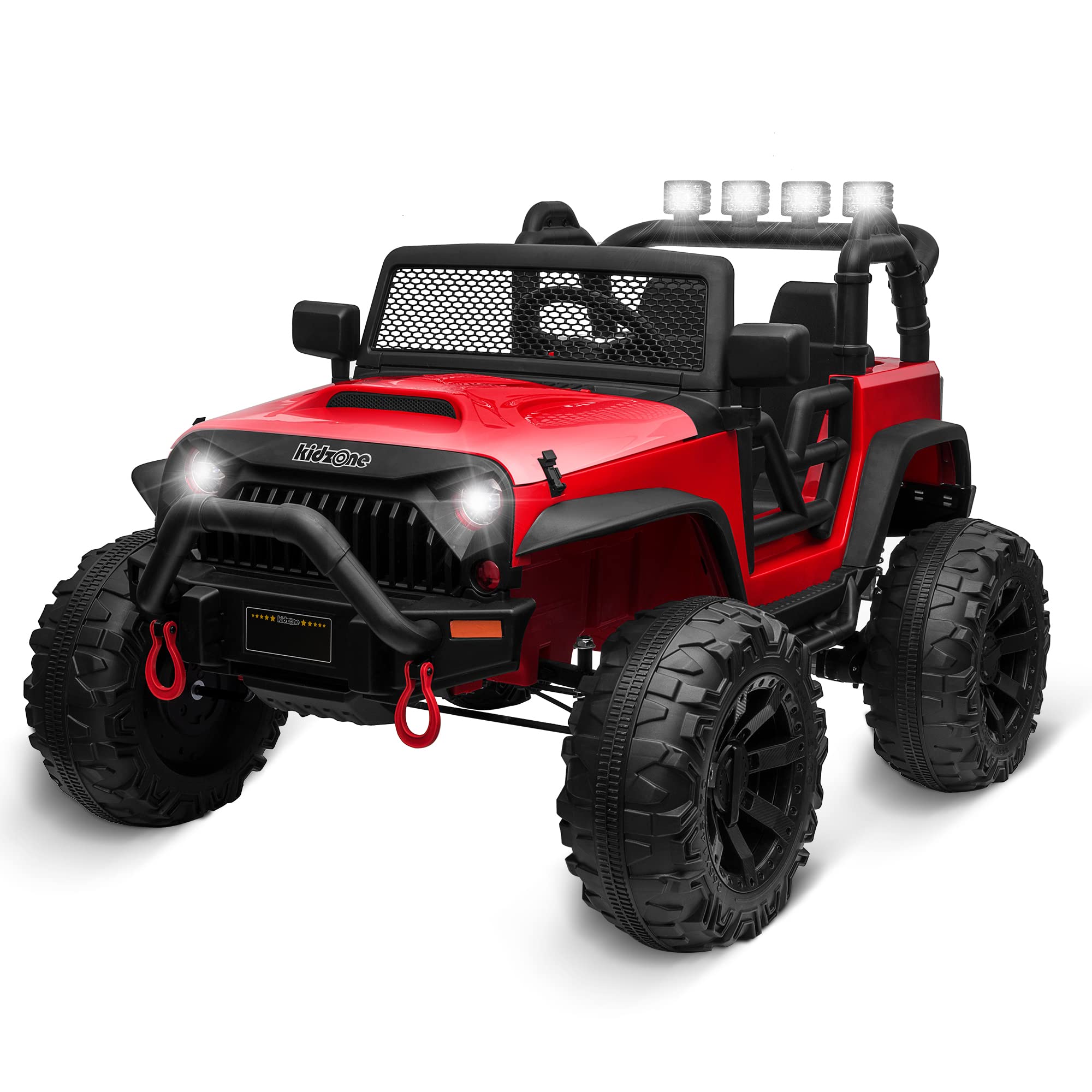 Kidzone 12V 9AH Battery Powered Ride On Truck for Kids - Electric Toy Car with Parent Remote Control, 4 Wheels, LED Lights, Bluetooth Music, 2 Speeds & DIY License Plate (Red) - Perfect for Outdoor Play, Birthday Gifts & Family Fun