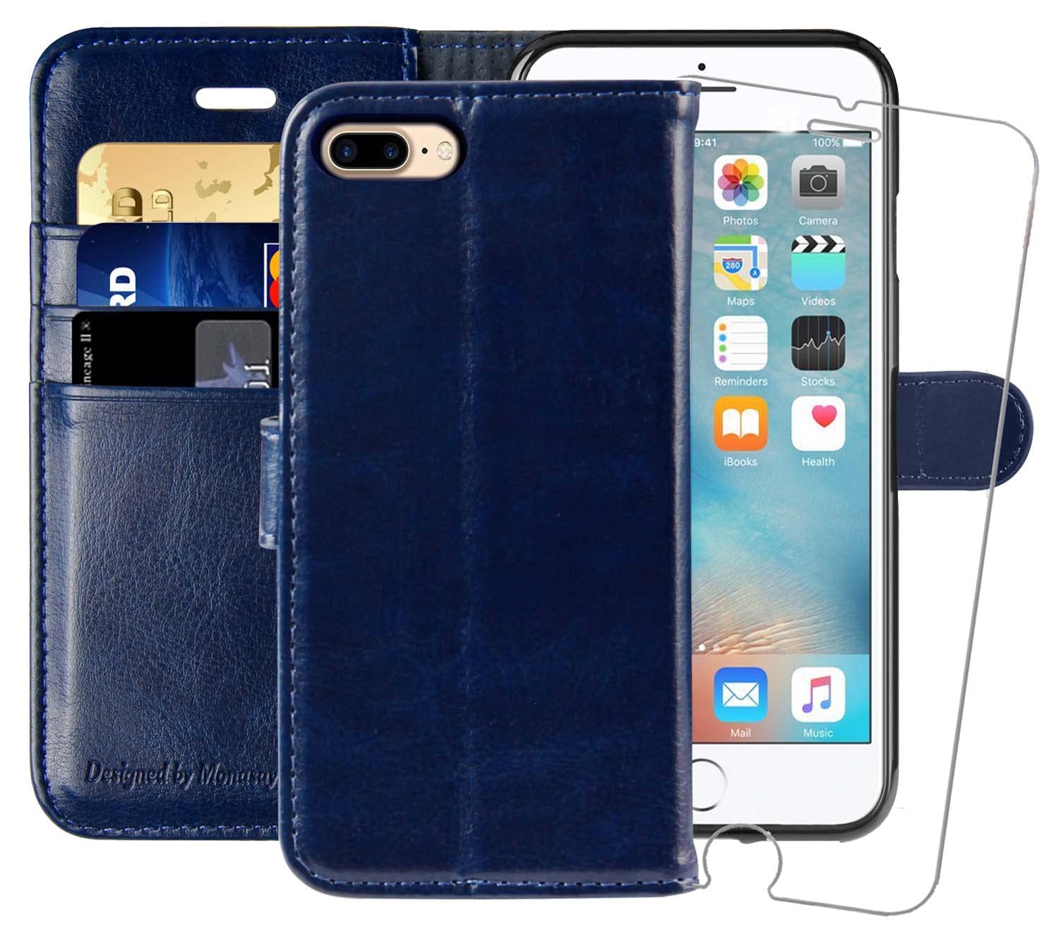 MONASAY Leather Wallet Case for iPhone 8 Plus & 7 Plus (5.5 Inch) - RFID Blocking Flip Cover with Card Slots & Tempered Glass Screen Protector | Perfect for Everyday Use, Travel & Business (Blue)