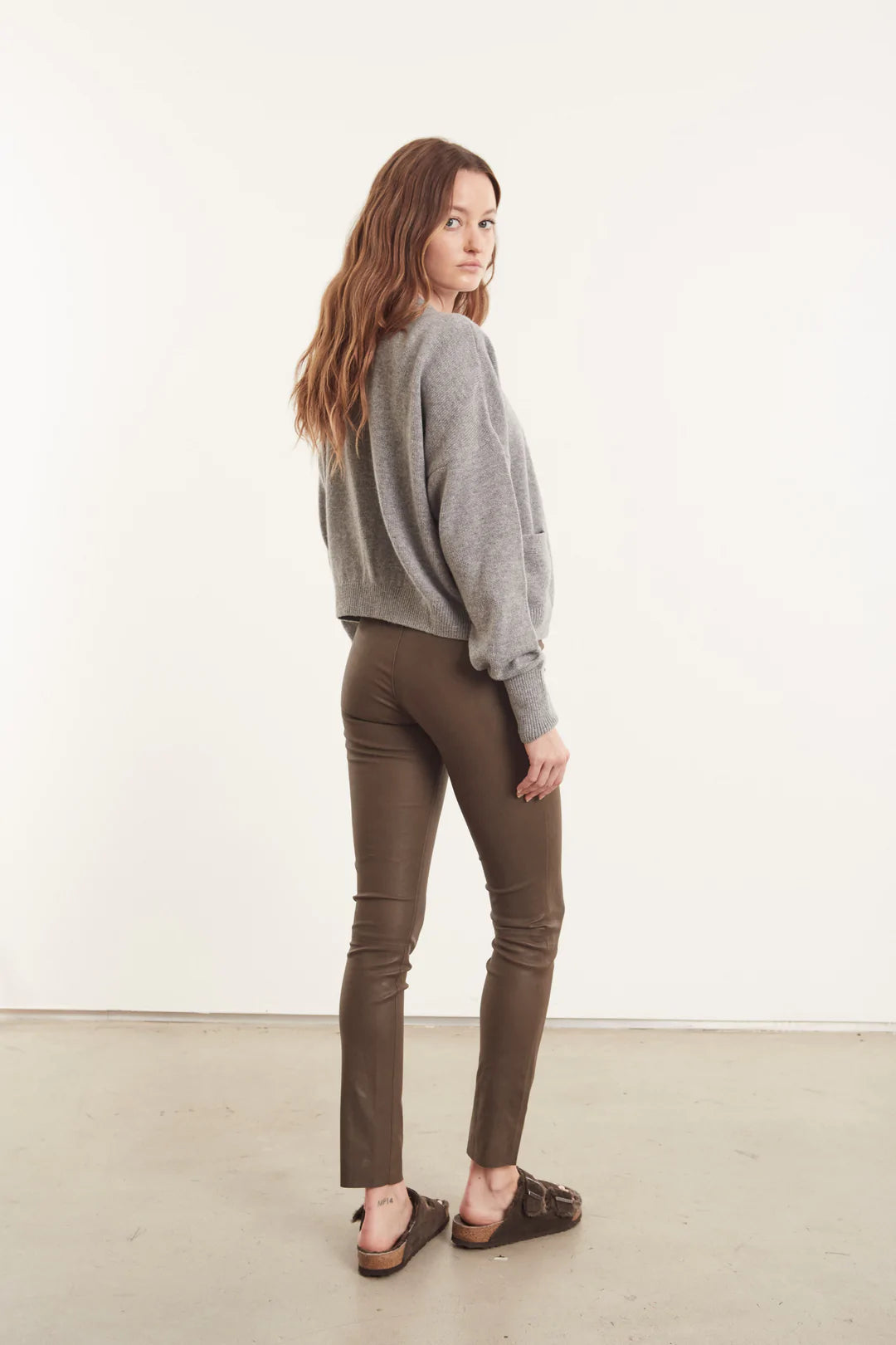 Women's Ankle-Length Leather Leggings - Army Green Stretch Faux Leather Pants for Casual Wear & Night Out