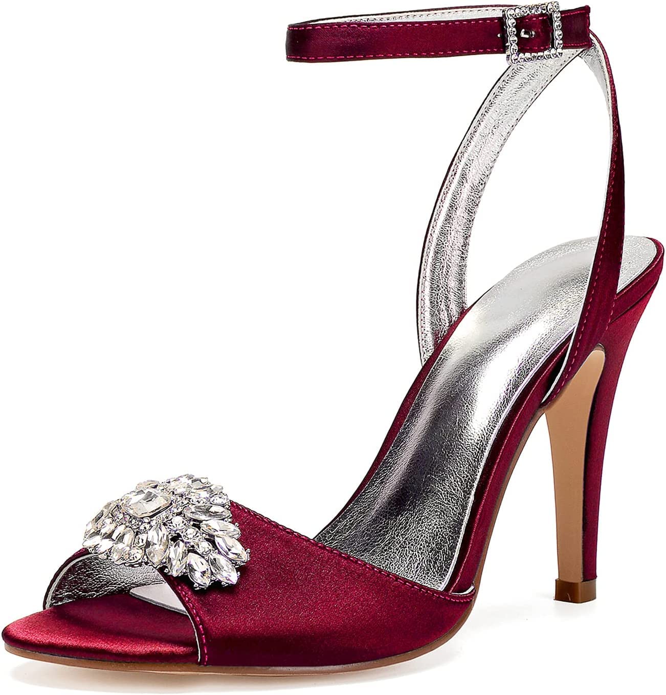 Elegant Women's Rhinestone Stiletto Heel Sandals - Pointed Toe Satin Wedding Shoes for Brides, Evening Parties & Special Occasions (Wine Red, Size 9 UK) - Perfect for Summer Weddings, Prom Nights & Formal Events