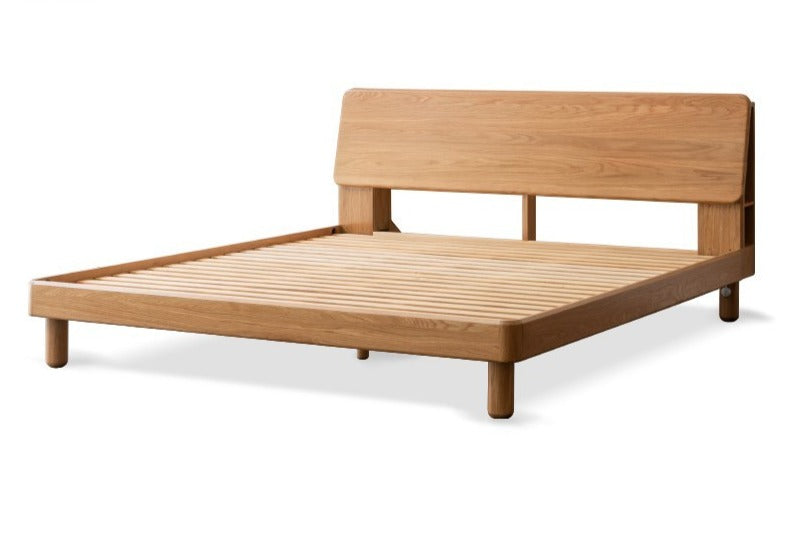 Solid Oak Wood Platform Bed with Bookshelf Headboard - Modern Bedroom Furniture for Small Spaces & Cozy Reading Nook