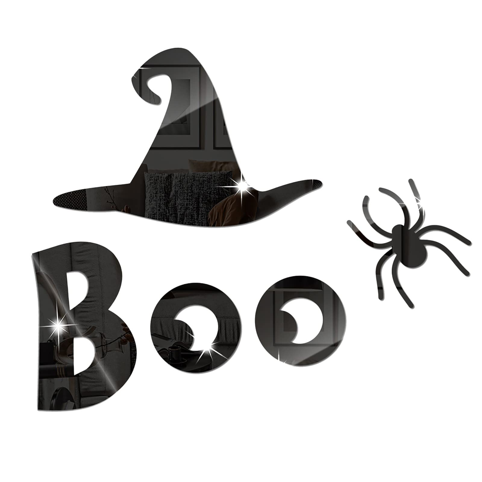 Koippimel Halloween Wall Decor - Boo Witch Hat with Spiders Mirror Stickers for Home & Party Decoration | Self-Adhesive Wall Art for Halloween, Fall & Gothic Themed Rooms