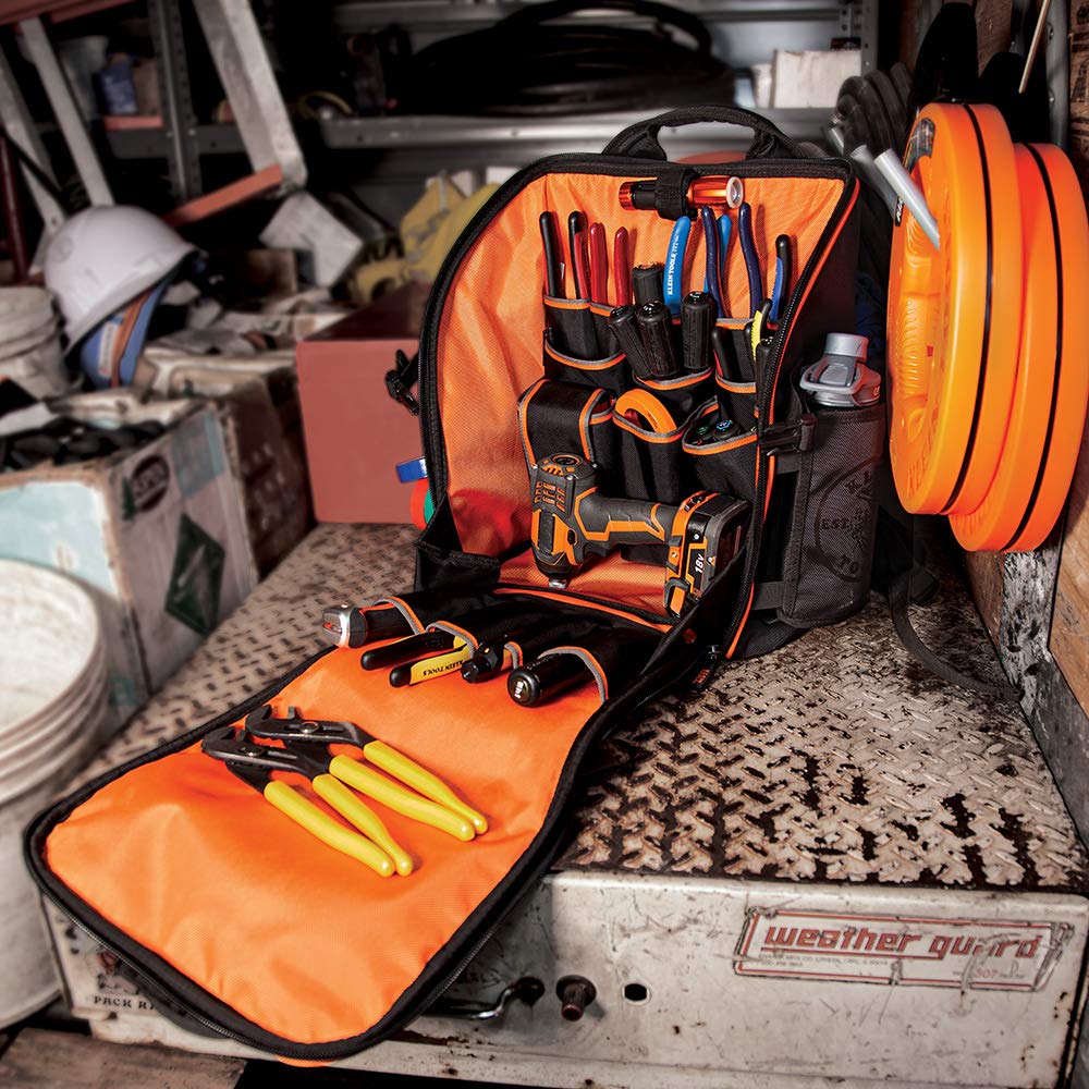 **KLEIN TOOLS 55655 Tradesman Pro Tool Backpack - 21 Pockets, Large Storage, Built-in Flashlight & Work Light - Perfect for Electricians, Contractors & DIY Projects**