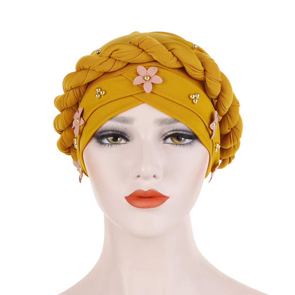 EXCEART Women's Cotton Beanie Chemo Cap with Pearl Beads - Soft Turban Headband Scarf for Women & Girls - Home, Hospital, Outdoor Winter Accessory in Yellow
