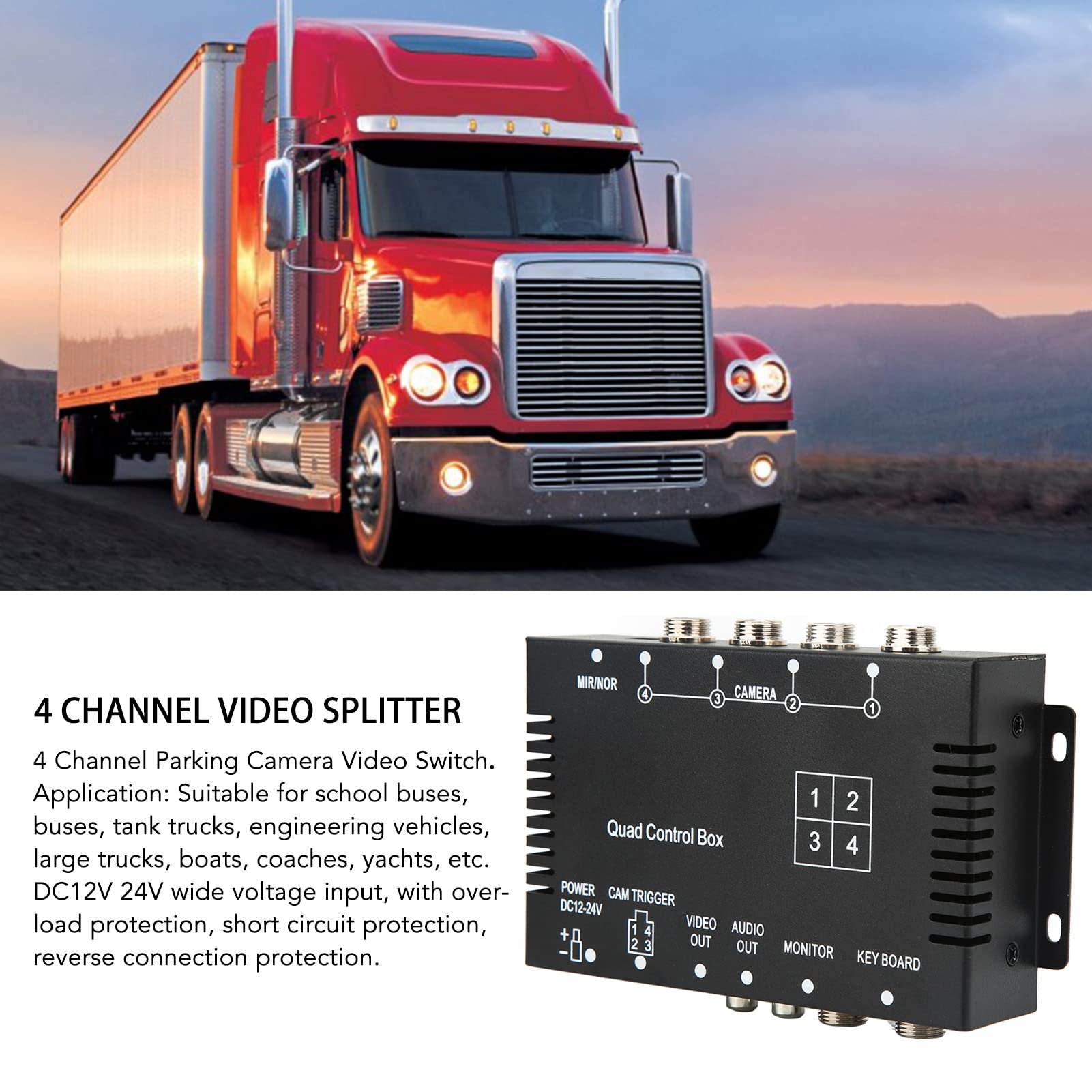 4 Channel Input 2 Way Output Rearview Camera Splitter Box - DC12V/24V Parking Camera Control Splitter for Car, Truck, Bus, Trailer & Boat - Perfect for Multi-Vehicle Monitoring & Backup Safety Systems