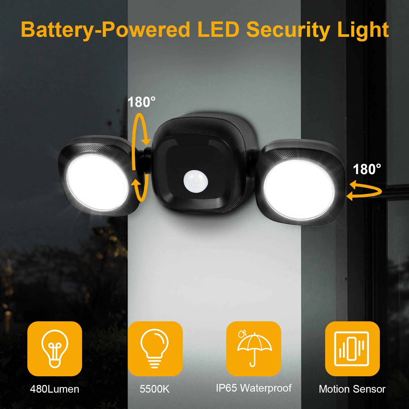 Wireless LED Motion Sensor Flood Lights - 5500K Daylight, IP65 Waterproof, Dual Head Security Spotlights for Outdoor/Indoor Use - Perfect for House, Garage, Driveway, Porch, Shed & Backyard Lighting