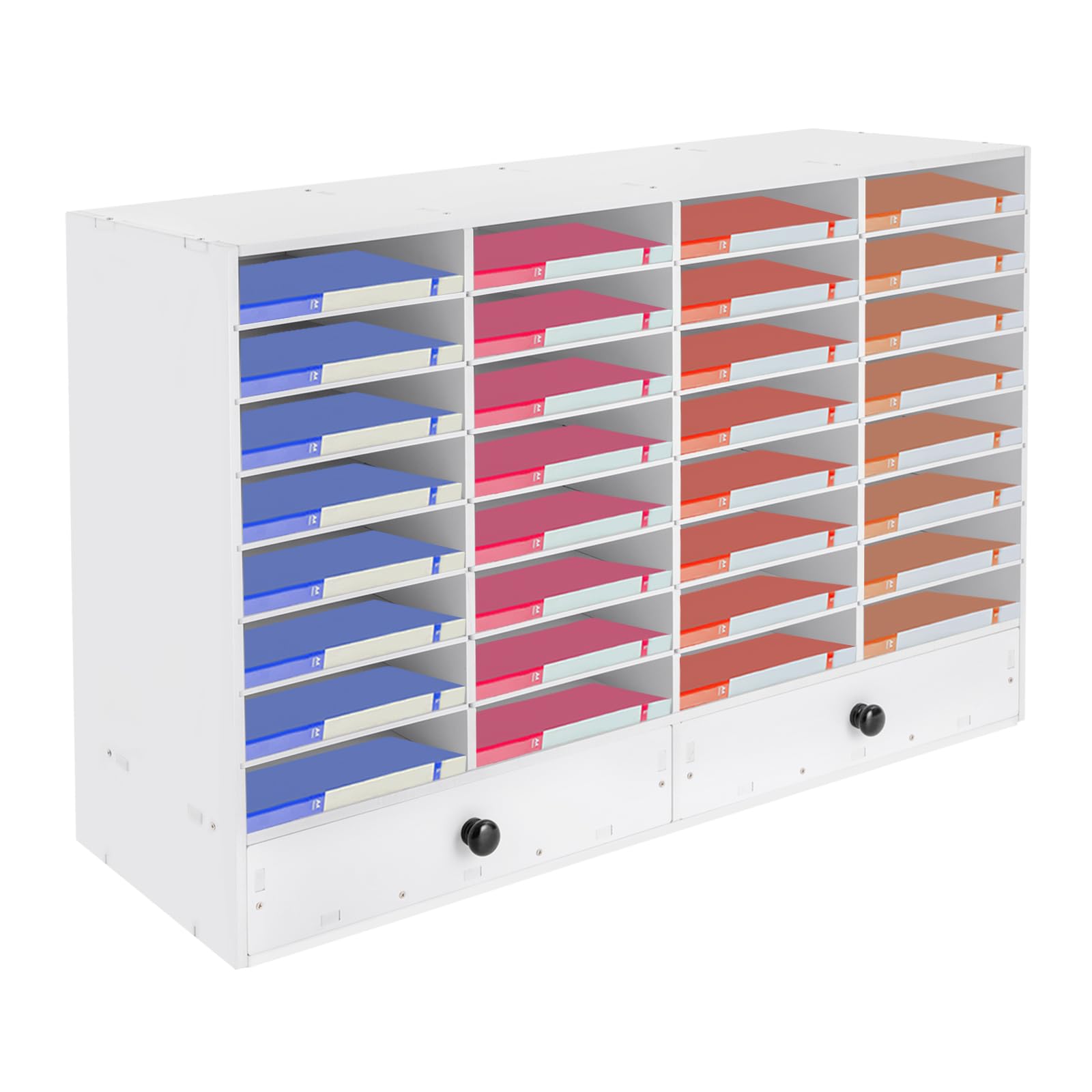 32-Compartment Desktop Literature Organizer with 2 Drawers - Mail Sorter, File Cabinet & Paper Storage System for Office, School & Home - Perfect for Organizing Documents, Letters & Office Supplies (White)