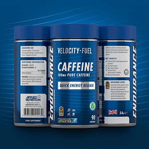 Applied Nutrition Endurance Pure Caffeine Capsules 100ct - Unflavored Energy Boost for Workouts, Focus & Performance | Pre-Workout Supplement for Athletes & Fitness