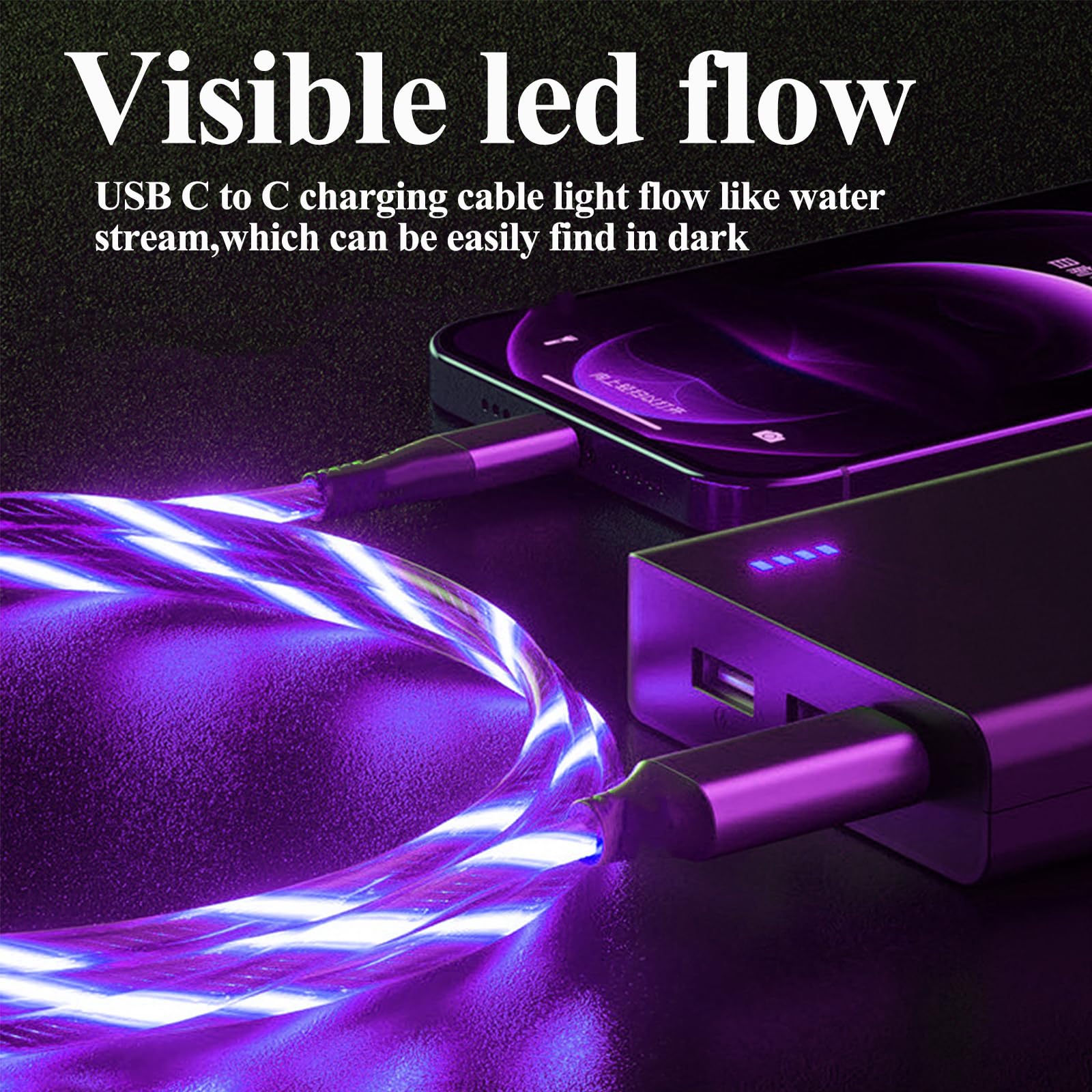 6.6FT 60W USB C to USB C Fast Charging Cable with LED Light - 3A High-Speed Type C Charger for iPhone 15, MacBook Air, iPad Pro, Pixel, Samsung Galaxy S23/S24 - Perfect for Night Charging & Gaming (Purple)