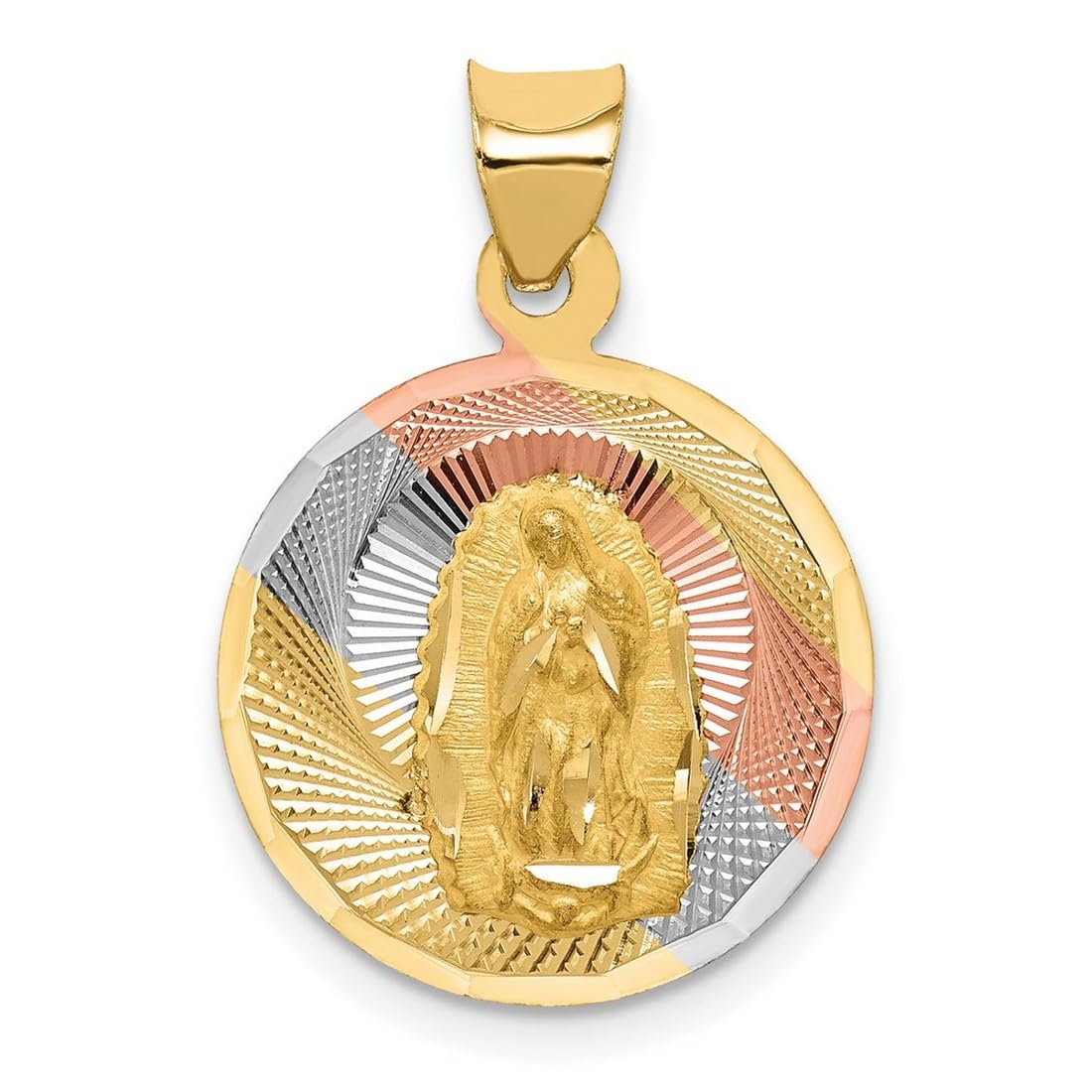 14K Yellow Gold & Rhodium Plated Lady of Guadalupe Pendant Necklace - Sparkle Cut Circle Charm (23.4x16mm) for Women | Religious Jewelry Gift for Baptism, First Communion & Everyday Wear