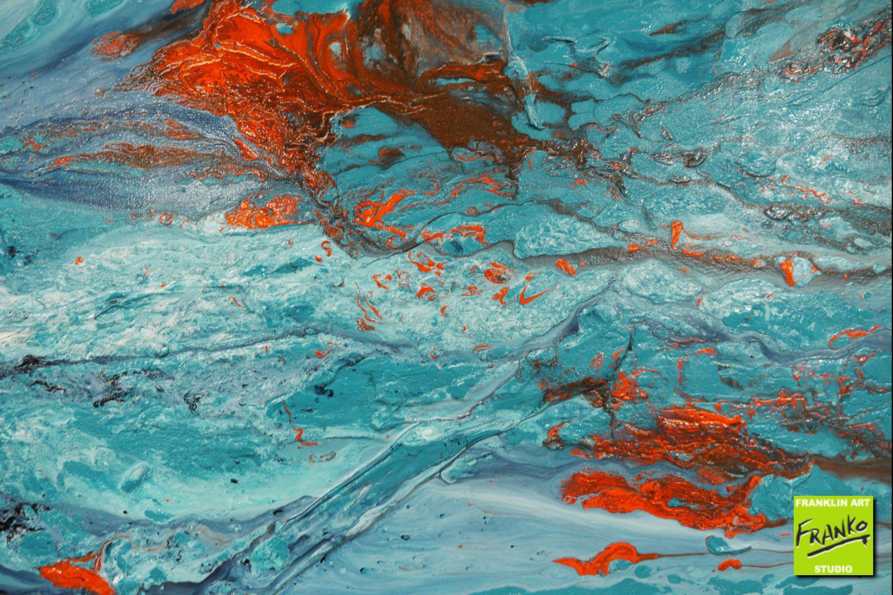 Blue and Orange Textured Abstract Silk Painting - 190cm x 100cm Aquatic Artwork for Living Room, Bedroom, or Office Wall Decor