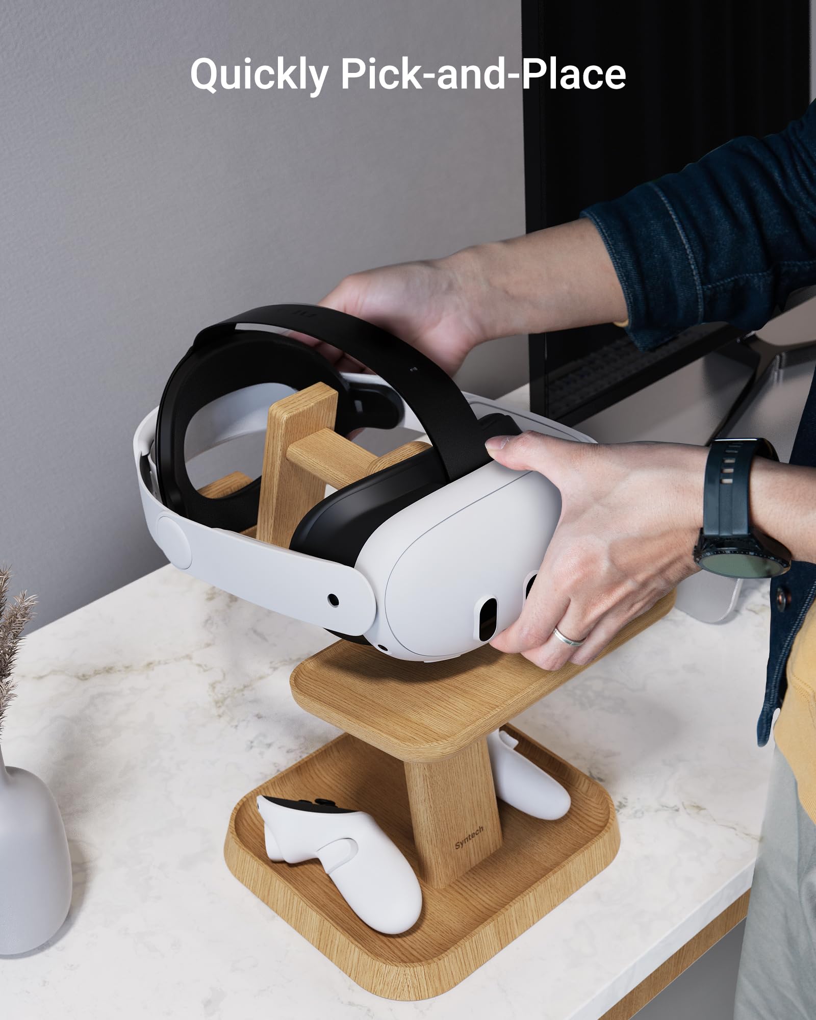 Syntech Universal Wooden VR Stand for Meta Quest 3/2/Vision Pro/Pico 4 - Headset Holder with Storage Base for VR Accessories & Elite Strap | Perfect Gaming Setup for Living Room, Bedroom & VR Gaming Stations