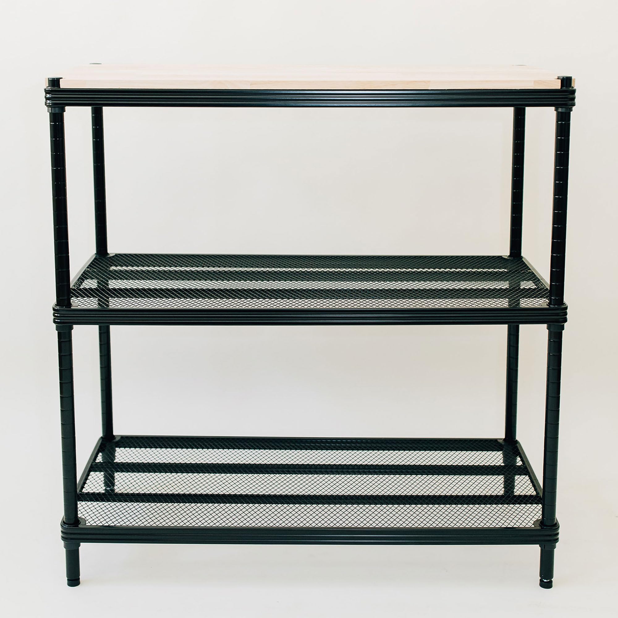 Metal Mesh Shelf Unit with Wood Top - Black Design Ideas MeshWorks Shelving Rack for Workbench & Home Organization | Garage Storage, Workshop Display, Kitchen Pantry Organizer