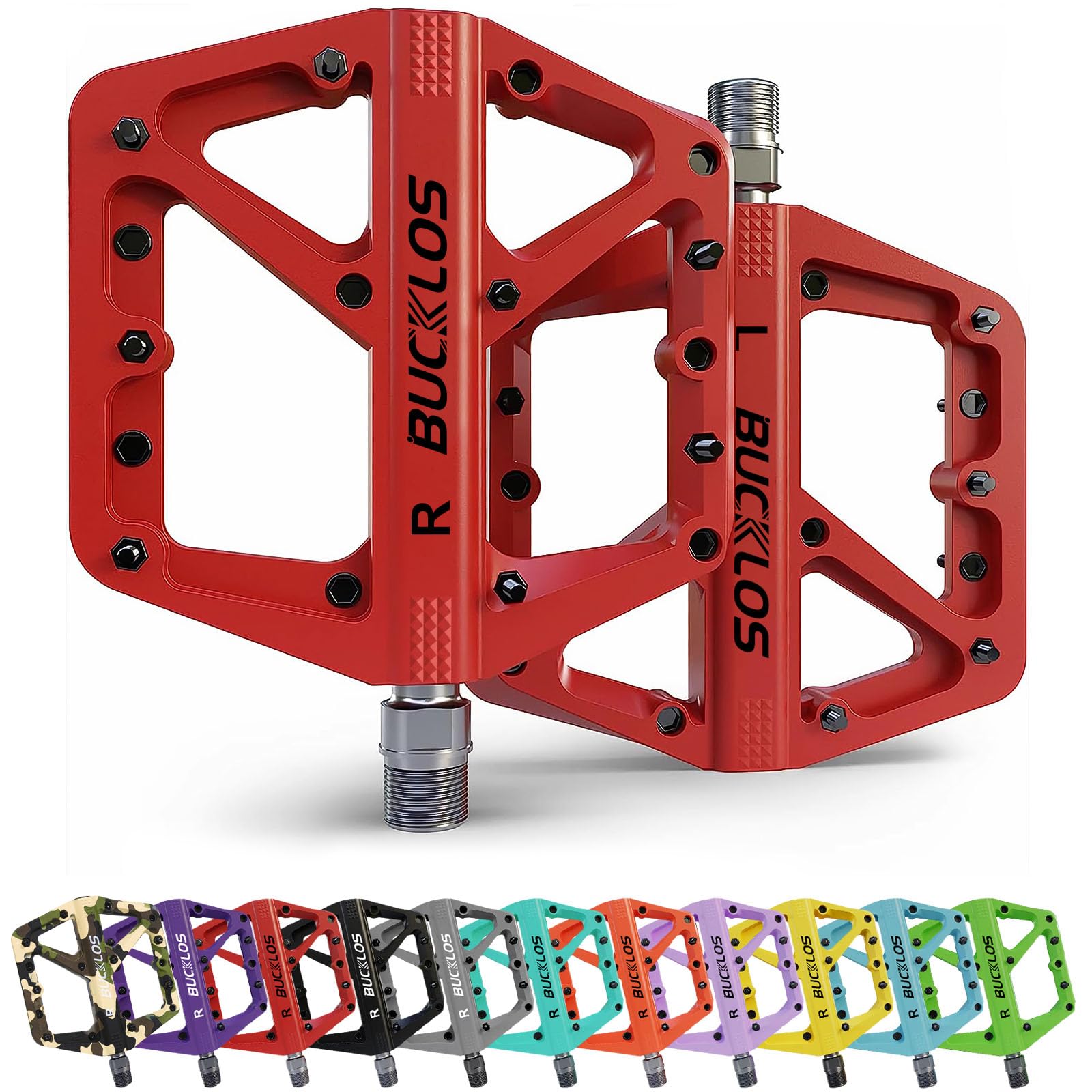BUCKLOS MTB Pedals - Large Platform Non-Slip Mountain Bike Pedals for Adults, 9/16