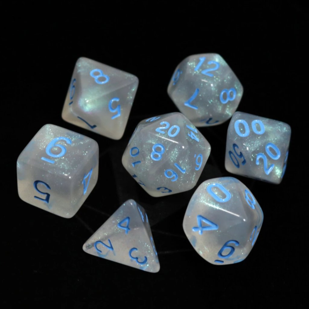 7 Piece RPG Dice Set - Glacial Moonstone with Blue Swirl for Dungeons & Dragons, Pathfinder & Tabletop Gaming - Perfect for Gifts & Game Nights