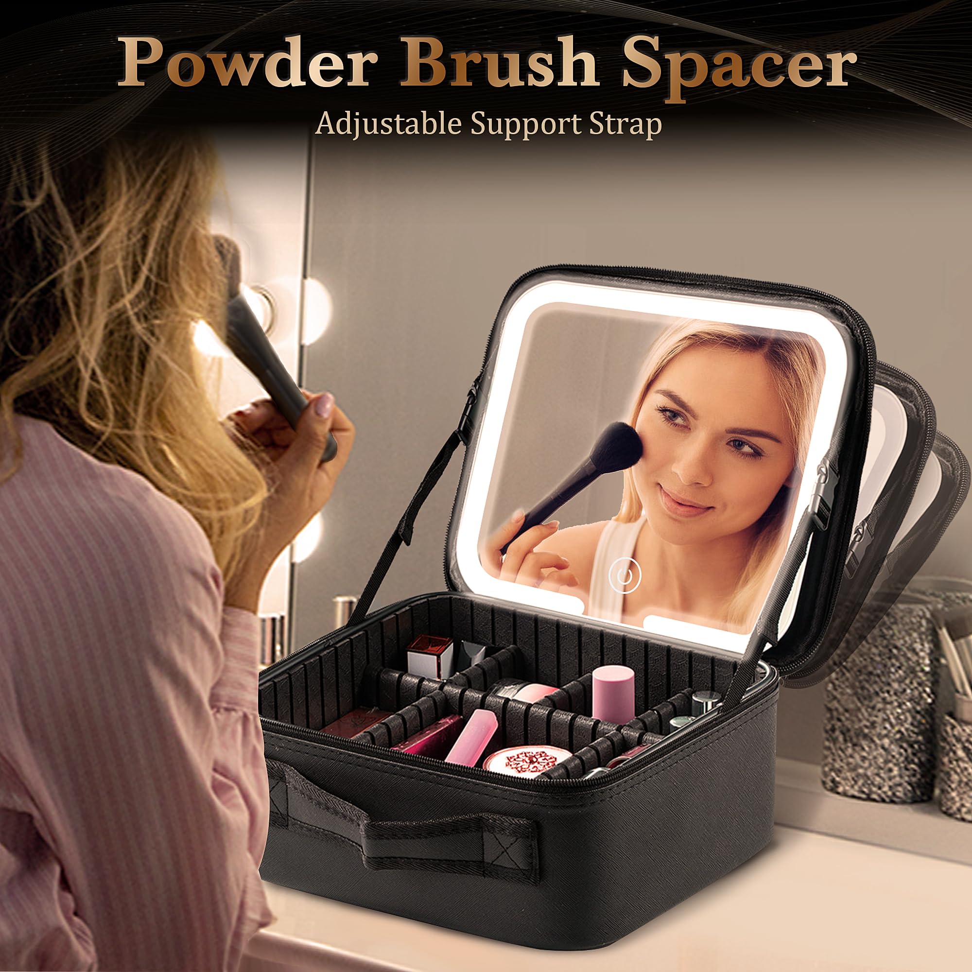 LED Makeup Bag with Mirror - 3 Adjustable Lights & Dividers for Travel & Home